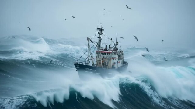 Fishing Trawler Battling Stormy Ocean Waves