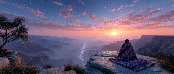 Sunrise over a vast canyon. A solitary figure sits wrapped in a blanket on a cliff's edge, contemplating the breathtaking scenery