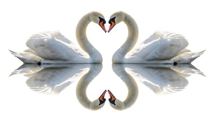 Fototapeta premium Two majestic white swans form a heart shape with their necks, perfectly reflected in the water.