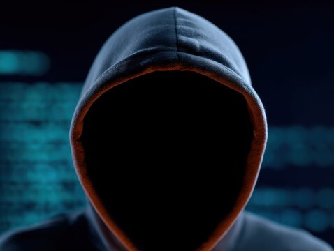 Person wearing a hoodie, silhouette in front of a glowing computer screen with hacker code, anonymous threat. Cybercrime, dark web. Dramatic. - Powered by Adobe