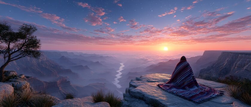 Sunrise over a vast canyon. A solitary figure sits wrapped in a blanket on a cliff's edge, contemplating the breathtaking scenery