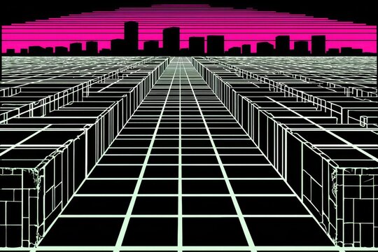 Cyberpunk cityscape grid, perspective