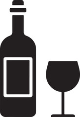 Wine Bottle and Glass: Simple Black Vector Icon, Sign, Symbol for Restaurant Menu or Website Design.