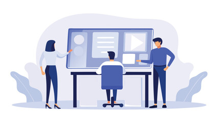 People collaborating on a project with a large screen display in a modern office setting showing data