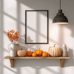 Autumnal display with pumpkins and berries on a wooden shelf