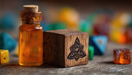Amber vial and wooden block with carved symbol, surrounded by colorful dice