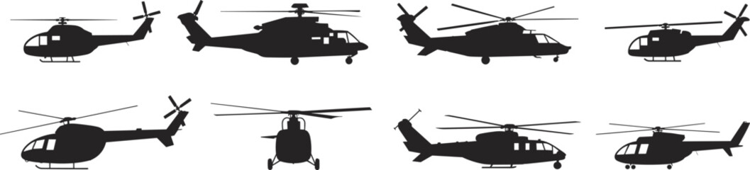 Helicopter, silhouette, aircraft, aviation, rotor, black, vector, military, transport, flying, set, collection