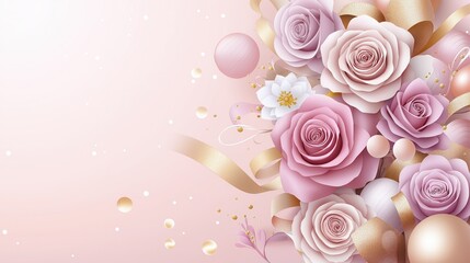 Fototapeta premium Elegant pink rose bouquet with golden ribbons and decorative spheres on pastel background, luxurious floral arrangement with space for text, perfect for wedding, Valentine, and celebration designs