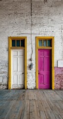 Two doors, white and magenta, with yellow frames, on a weathered brick wall