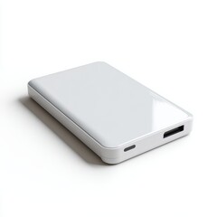 A sleek white external hard drive, isolated on a pure white background. Data backup, storage.