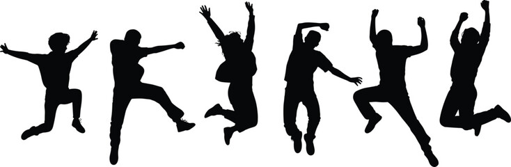 Jump, silhouette, people, pose, energy, leap, motion, black, vector, action, dynamic, airborne