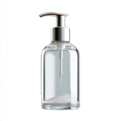 A generic, unbranded transparent glass bottle with a pump dispenser empty, isolated on a white background. Refillable, eco-friendly.