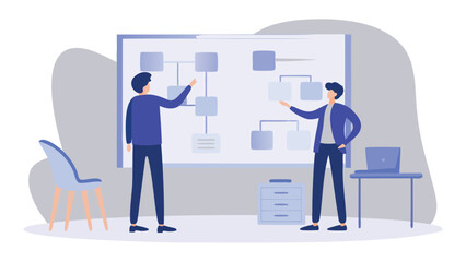 Two people presenting a flowchart on a whiteboard with chair desk and filing cabinet nearby shown