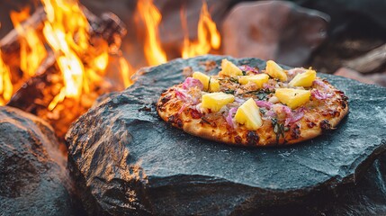 hawaiian pineapple pizza served on a rocky stone slab plate . aspect ratio 16:9