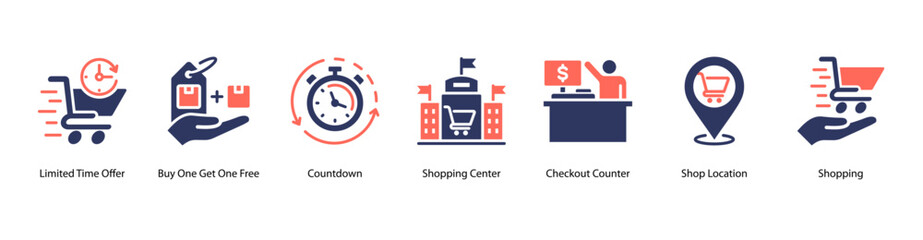 Urgent Retail Campaigns web banner icon vector illustration featuring Limited Time Offer, Buy One Get One Free, Countdown, Shopping Center, Checkout Counter, Shop Location, and Shopping.