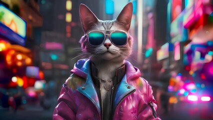 A cat in the middle of the city with a neon bokeh background, wearing sunglasses.