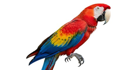 Fototapeta premium A full-length profile of a vibrant Scarlet Macaw parrot with red, yellow, and blue feathers, isolated on a white background.
