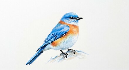 Obraz premium A detailed, realistic illustration of a colorful Eastern Bluebird perched on a small branch against a white background.