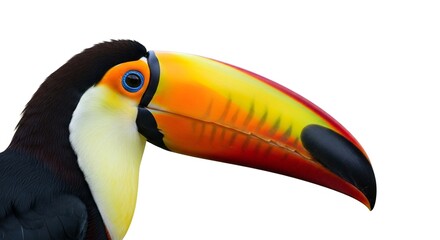 Naklejka premium A detailed close-up profile of a Toco Toucan's head, showing its vibrant, oversized yellow and orange beak against a white background.