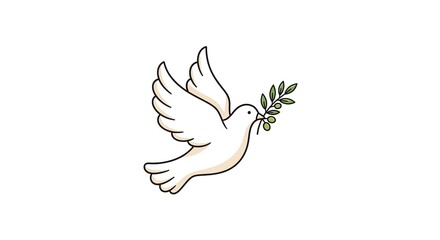 A white dove of peace flying with an olive branch in its beak.