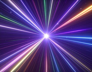 Radiating multicolored light streaks converge at a bright central point against a dark background