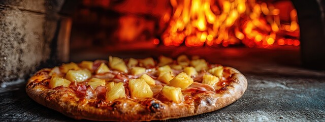 hawaiian pineapple pizza served inside of a brick oven . aspect ratio 8:3