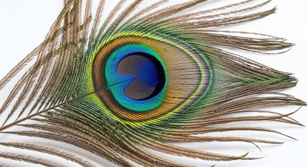A detailed macro view of a single peacock feather, highlighting its iridescent and colorful eye spot against a white background.
