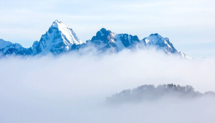 Snowy mountain range mirrored vertically in the sky, otherworldly symmetry with soft ambient mist