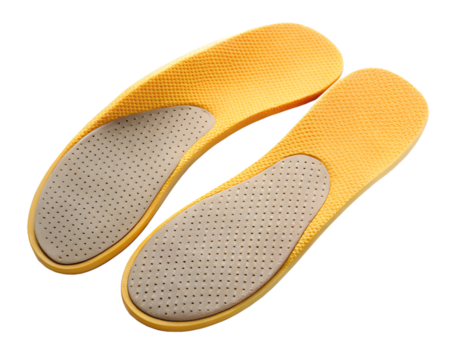 Pair of yellow and grey orthopedic insoles for foot comfort and support, isolated on transparent background