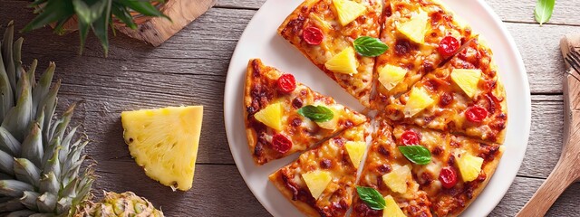 hawaiian pineapple pizza served on a white dining plate . aspect ratio 8:3