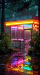 Neon-lit pavilion in a misty forest, reflected in a puddle