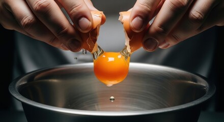 Hands Cracking Fresh Egg Yolk into Stainless Steel Bowl for Culinary Preparation