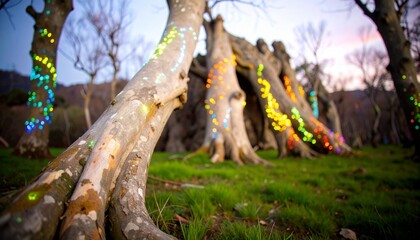 Surreal forest where tree trunks twist like ribbons and leaves glow with bioluminescent light, early evening setting