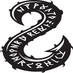Stylized black and white illustration of a curved shape with rune like symbols on a white background