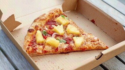 hawaiian pineapple pizza served in a cardboard food box  . aspect ratio 16:9