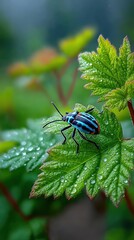 Fototapeta premium Vibrant beetle on dewy leaf