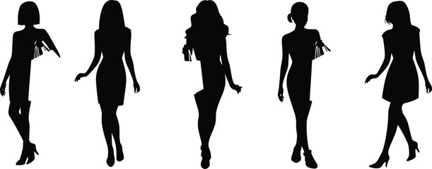 Shopping, silhouette, people, bags, walking, retail, consumer, black, vector, motion, group, lifestyle