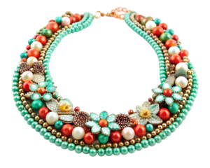 Colorful beaded statement necklace with floral design isolated on transparent background