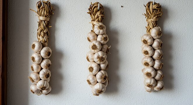 Harvested garlic braids hang elegantly on a textured white wall, evoking rustic charm and culinary inspiration.