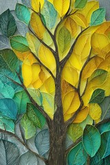 Detailed illustration of a tree with layered leaves in vibrant yellow, teal, and gray-greens