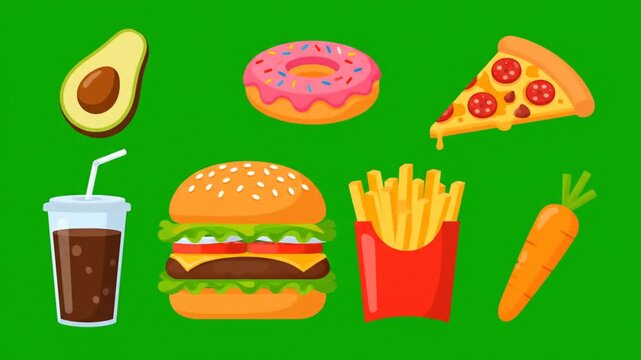 Assorted junk food and healthy snack illustrations on green background