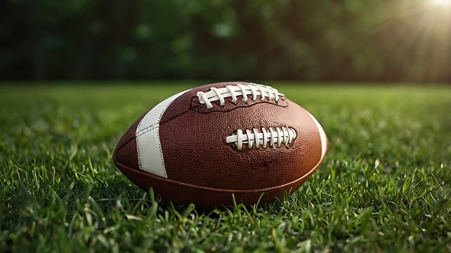 Close up of a brown leather football with white laces sitting on green grass in the sunlight outdoors