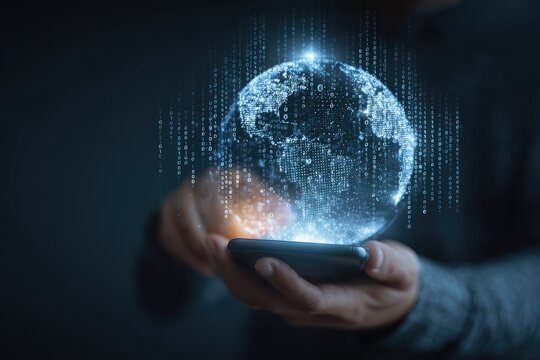 A person holds a phone, and a holographic, digital representation of Earth appears above it.  Data streams from the globe - Powered by Adobe
