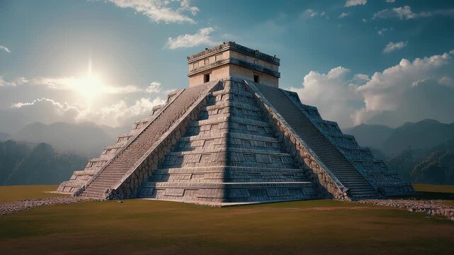 Kukulkan Pyramid stands impressively with its sharp limestone steps casting bold shadows beneath a vibrant blue sky. The surrounding jungle trees move gently in the warm air, enhancing the scene