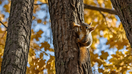 Obraz premium A squirrel climbs the trunk of an old oak tree covered in thick, twisting bark.