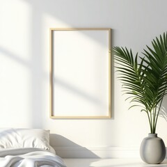 Frame mockup  minimalist bedroom scene featuring a blank picture frame and a plant in a gray vase on a wood floor