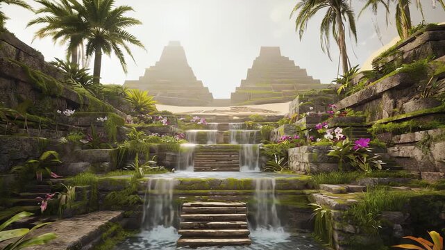 Lush ancient setting where vibrant plants and cascading waterfalls create a serene atmosphere among stone terraces. Majestic ziggurats rise against desert hills in the distance