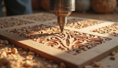 Decorative elements are milled on wooden boards, with wood shavings falling onto the surface. A metal cutter is in motion, showcasing precise woodworking in action