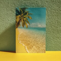Tropical beach scene, palm tree, ocean waves