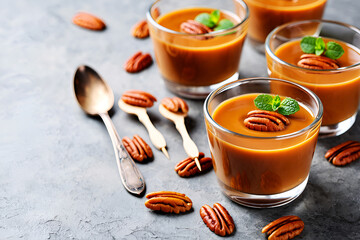 Caramel pecan dessert glasses with mint and spoons image